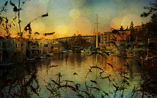painting of body of water surrounded by houses during golden hour