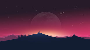 howling wolf on top of mountain under star fall during golden hour wallpaper