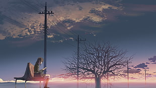 anime character sitting on bench reading book
