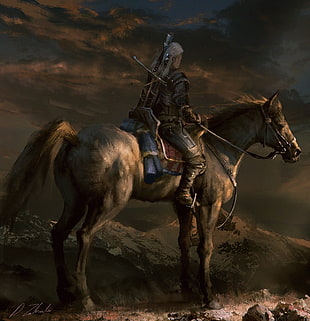 man riding horse painting, The Witcher, artwork, Geralt of Rivia, video games