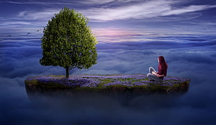 woman sitting on purple flower field overlooking on sea of cloud painting