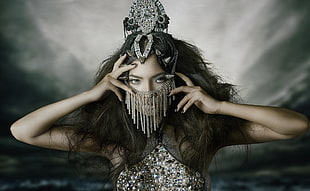 black and silver headdress, model