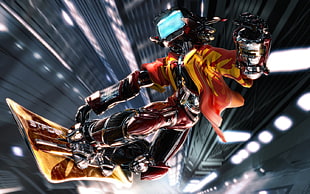red and yellow character, science fiction, robot, artwork, fantasy art HD wallpaper