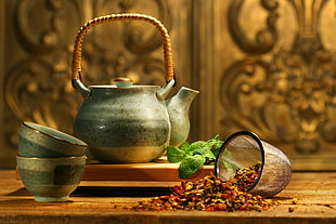 green ceramic tea set HD wallpaper
