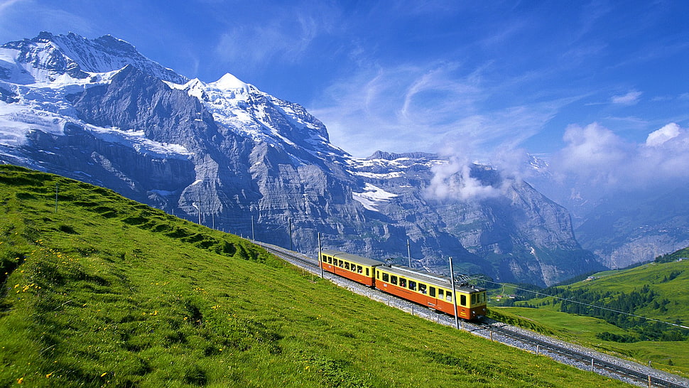 landscape photograph of train and mountains HD wallpaper