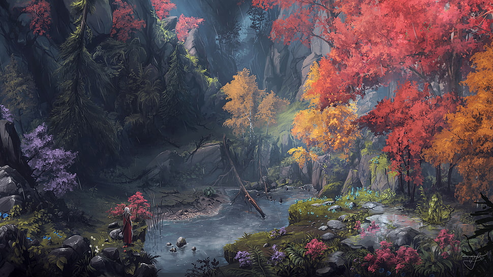 forest painting, trees, water, rain HD wallpaper