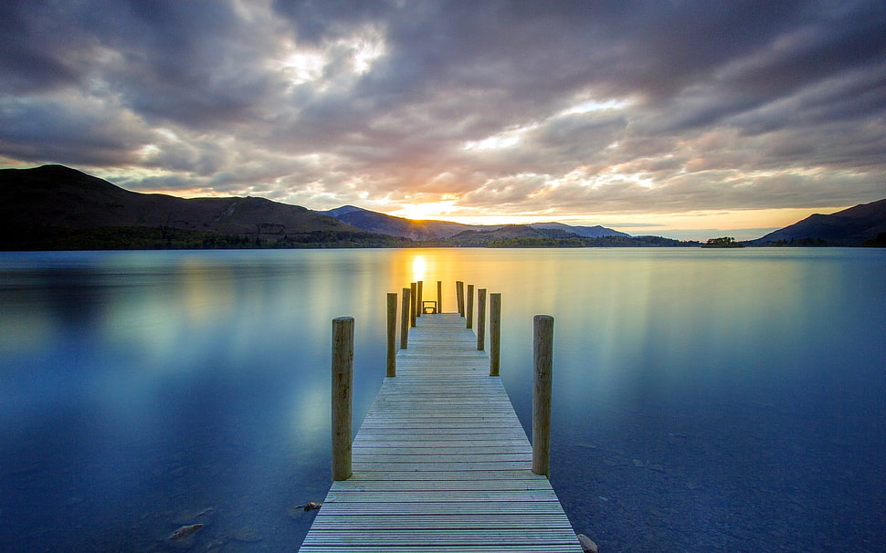 brown wooden dock, sea, landscape, sunset, clouds HD wallpaper