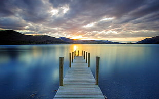 brown wooden dock, sea, landscape, sunset, clouds