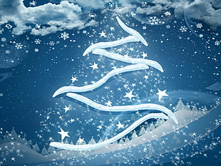 white and blue snow covered mountain starry Christmas digital wallpaper
