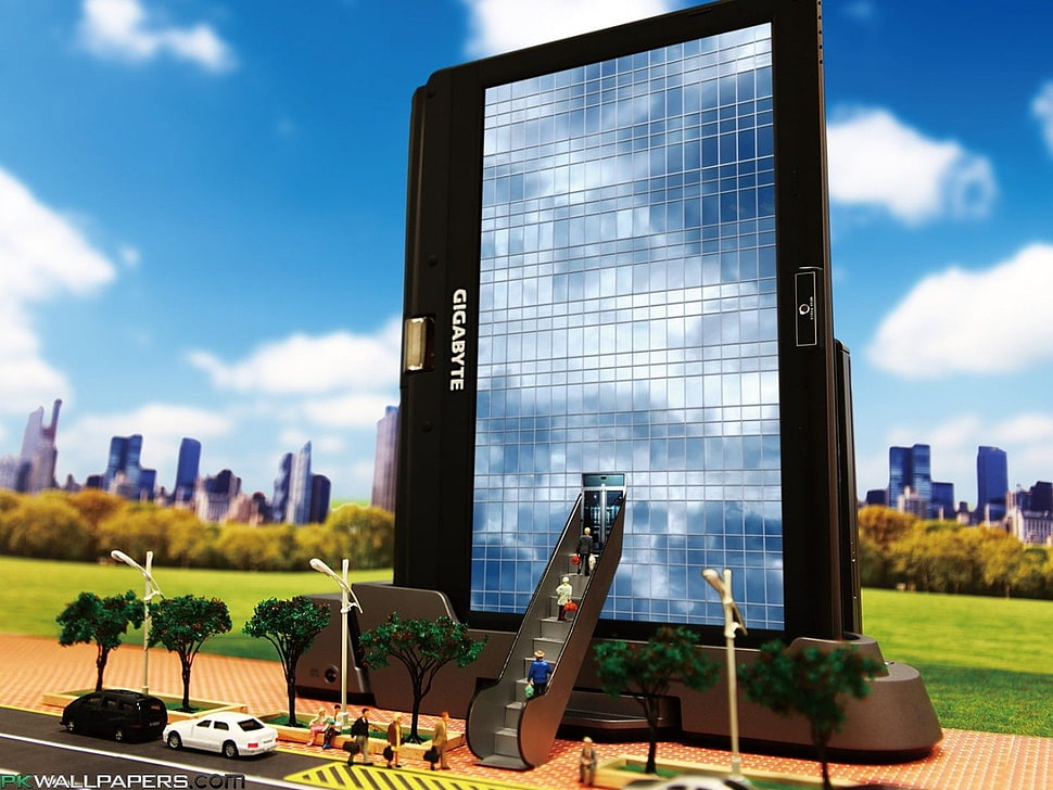 black and gray computer tower, Gigabyte, computer, Computer screen, digital art HD wallpaper
