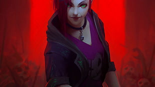 purple-haired female character digital wallpaper