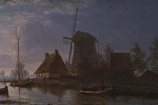 brown wooden house with tree painting, painting, classic art, windmill, river