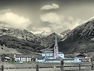 teal mansion and tundra mountain, panoramas, Livigno HD wallpaper
