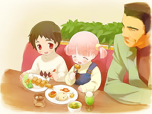 pink haired child eating beside boy illustration