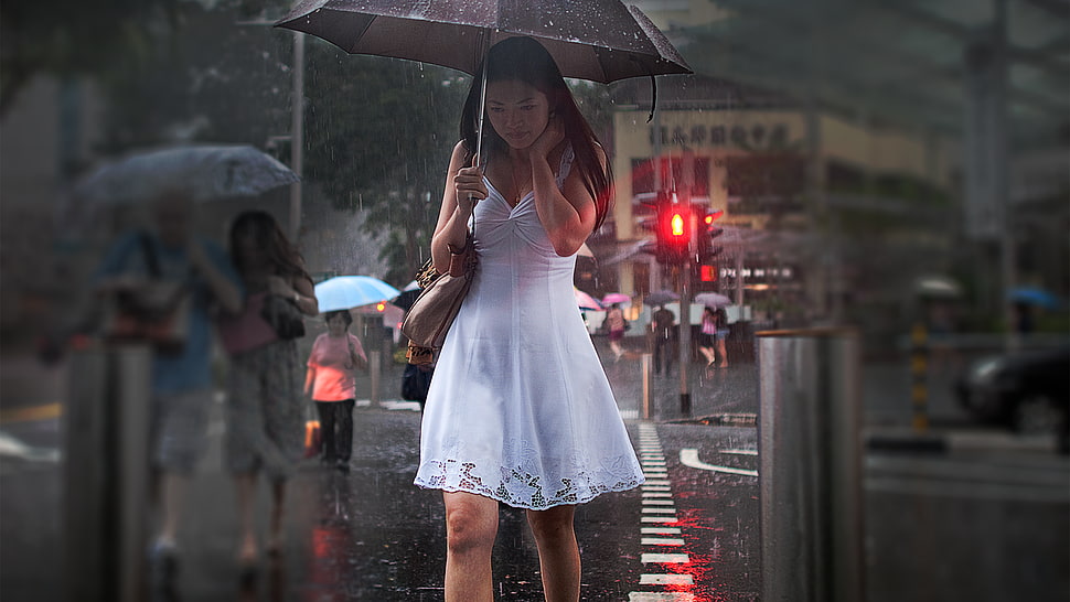 women's white V-neck sleeveless a-line midi dress, rain, women, Asian, white dress HD wallpaper