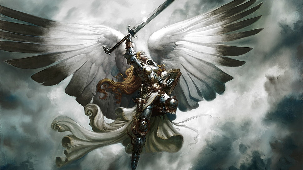 male character holding sword digital wallpaper, angel, armor, fantasy weapon, warrior HD wallpaper