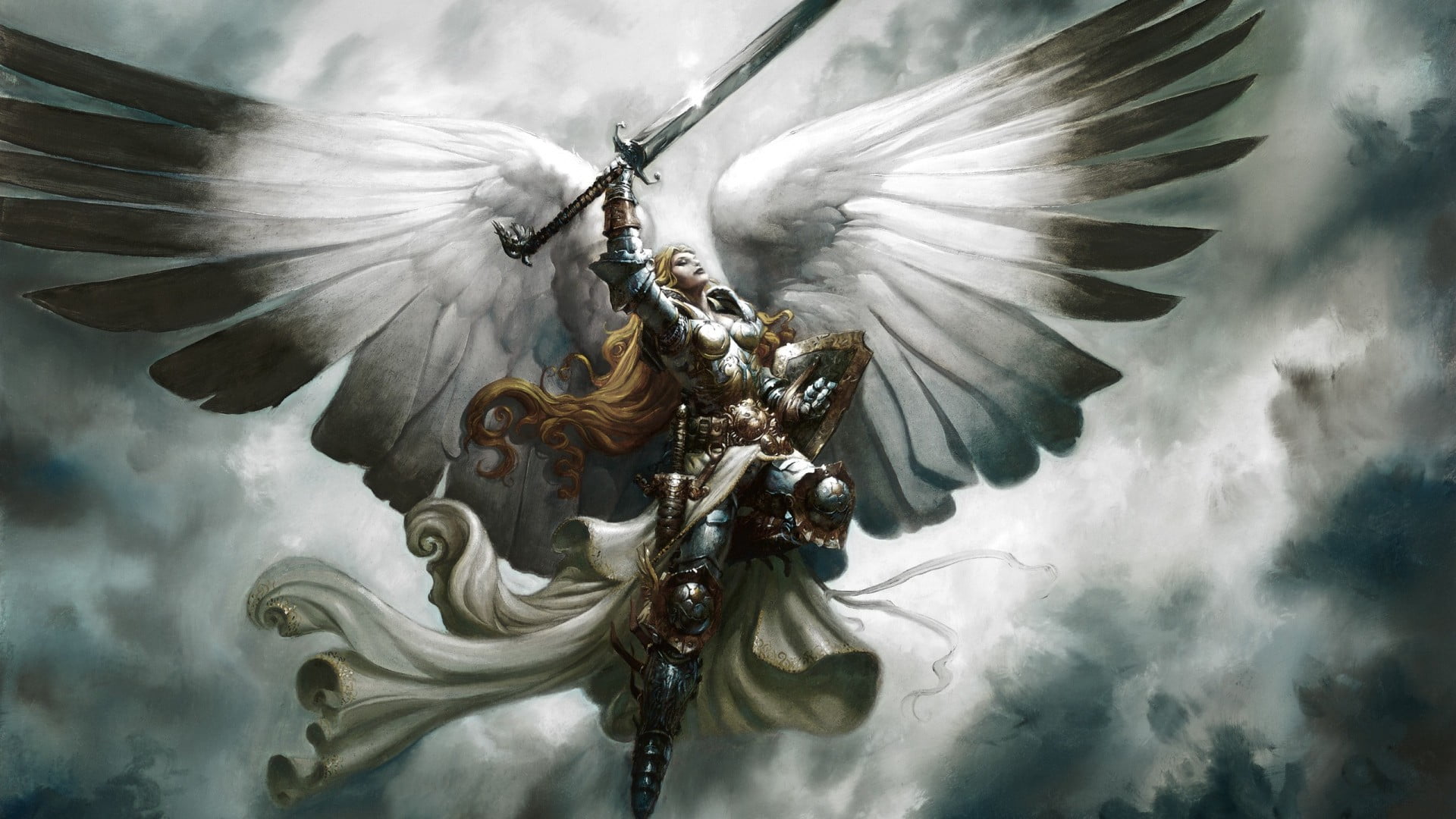 male character holding sword digital wallpaper, angel, armor, fantasy weapon, warrior