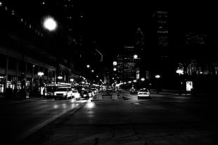 grayscale building photo, city, night, cityscape, traffic