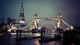 lighted bridge, city, lights, London, Tower Bridge