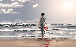 man holding heart walking near shoreline illustration