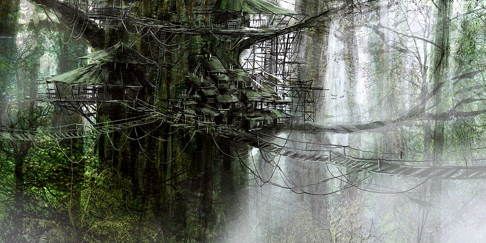 gray wooden treehouse wallpaper, fantasy art, artwork, pixelated, digital art HD wallpaper