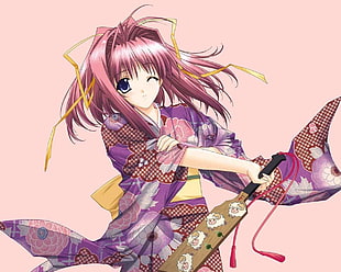 woman wears purple and red floral dress anime character