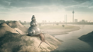 gray snail illustration, digital art, slug, snail, cityscape