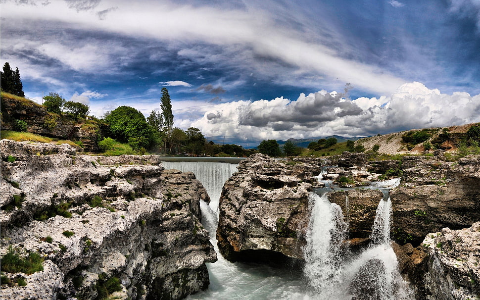 waterfalls between rock formation wallpaper, landscape, nature, waterfall, clouds HD wallpaper