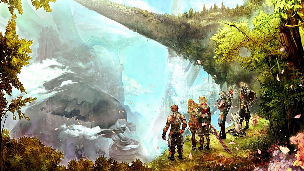 five cartoon characters illustration, Xenoblade Chronicles, fantasy art, cliff HD wallpaper