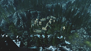 aerial view of houses on black rock mountain, The Elder Scrolls V: Skyrim, mountains, landscape, villages