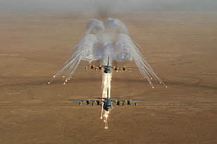 two airplanes, flares, Lockheed C-130 Hercules, military HD wallpaper