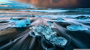 gray rocks, ice, beach, Iceland