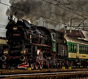 black and brown train set, steam locomotive, train