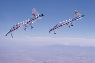 two white fighter planes, aircraft, NASA, sky