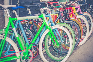 assorted-color bike lot, Bicycles, Parking, Multicolored HD wallpaper