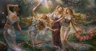 four female wearing white dresses painting, fantasy art, artwork, painting, blonde