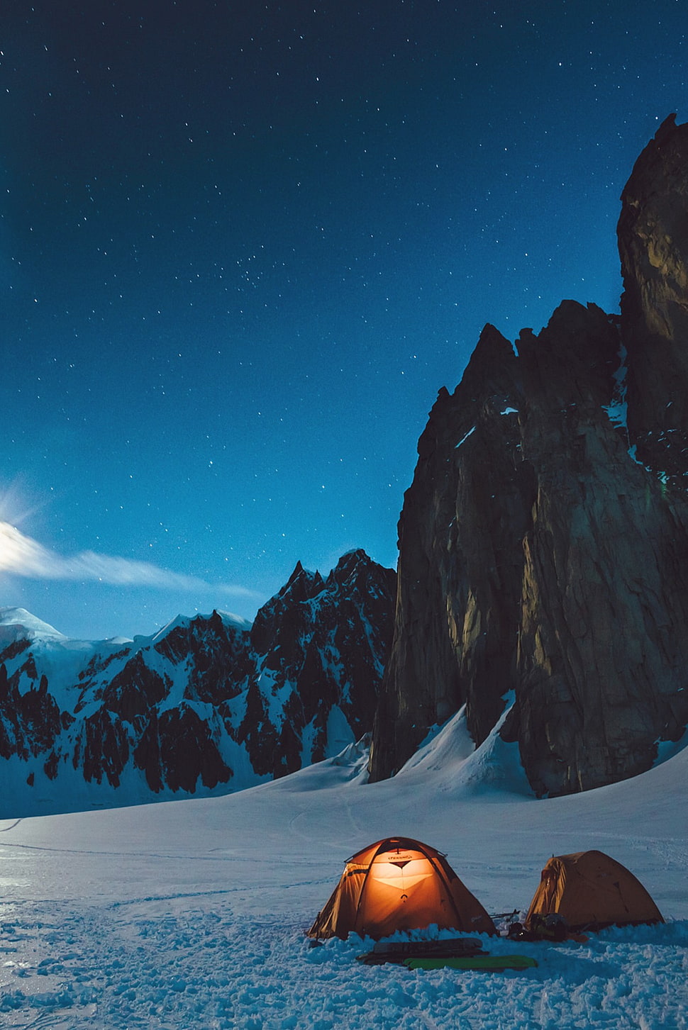 two orange dome tents, mountains HD wallpaper