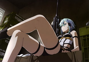 female anime character wearing white top and black short shorts, Asada Shino, Sword Art Online, Gun Gale Online 