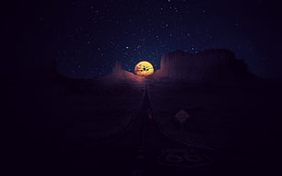 full moon illustration, sunset, roadtrip, Route 66 HD wallpaper
