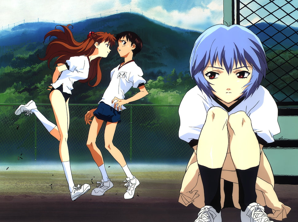 blue haired female anime character, Neon Genesis Evangelion, Ikari Shinji, Ayanami Rei, Asuka Langley Soryu HD wallpaper