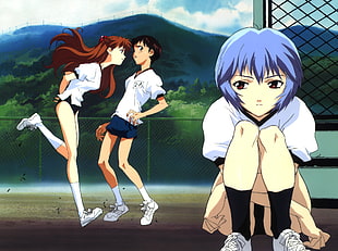 blue haired female anime character, Neon Genesis Evangelion, Ikari Shinji, Ayanami Rei, Asuka Langley Soryu