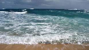 seashore and brown sand, beach, sea, waves, sky