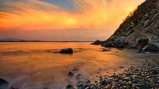 gray rock, sunset, sky, coast HD wallpaper