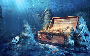 brown wooden treasure trunk, sea, underwater, skull, jewelry