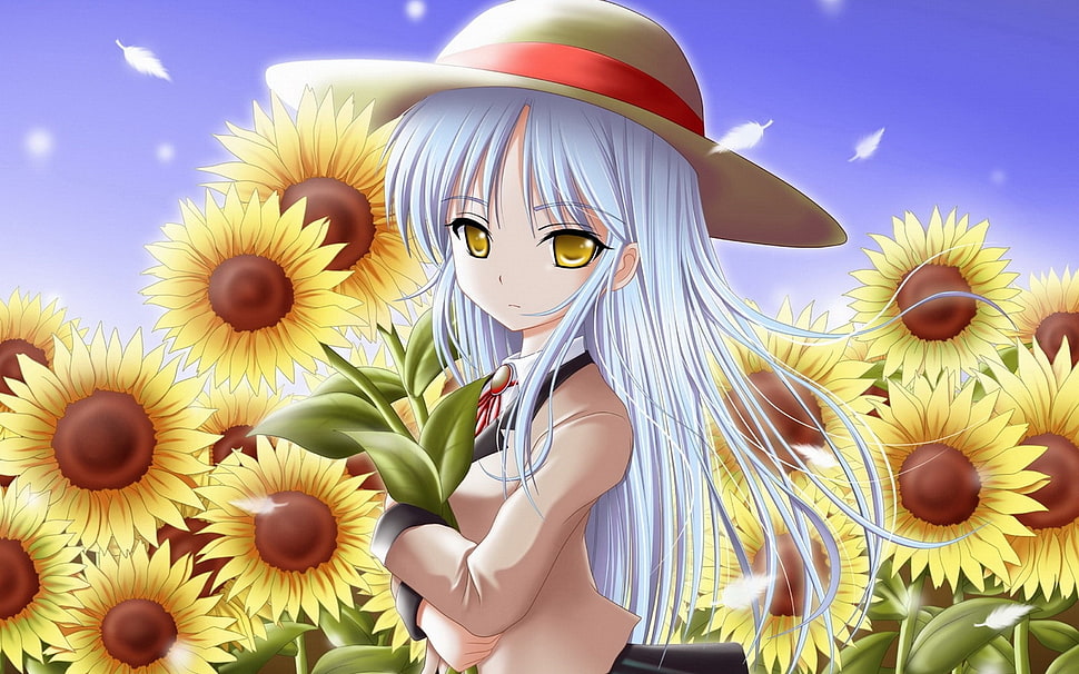 white haired female anime character in brown uniform surrounded of sunflowers HD wallpaper