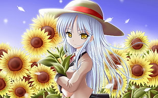 white haired female anime character in brown uniform surrounded of sunflowers
