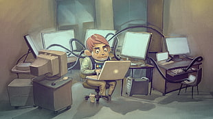person holding laptop art