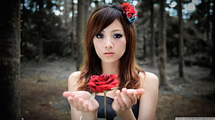 red rose flower, brunette, Asian, Mikako Zhang Kaijie, rose
