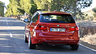 red BMW hatchback, BMW 3, road, BMW, red cars HD wallpaper