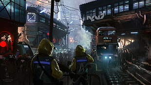 two armed persons standing beside railway with train game wallpaper, cyberpunk, science fiction, city, neon